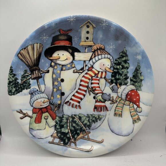Snowman Family Decorative Plate With Winter Scene & Birdhouse - Picture 1 of 3